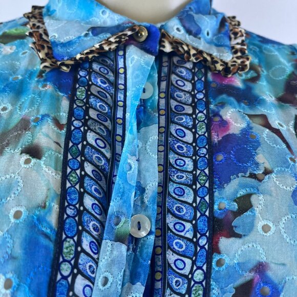 Justcavalli Womens Blue Cotton Printed Blouse Ruffled Sleeves & Leopard Trim 42 - Picture 5 of 9